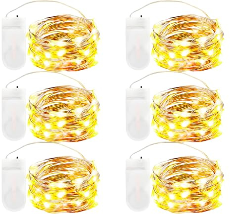 DALMALIN Aufgerüstet 6er-Pack Lichterketten mit Batterie, Batterie Kupferdraht Lichterkette 2M 20 LEDs lichterketten Weihnachten Batteriebetrieben Wasserdichte Lichter innen und Außen Deko, Warmweiß