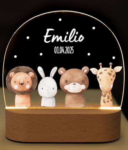 Bärenfreunde® - Personalisiertes Nachtlicht für Babys - Individuelle Nachttischlampe für Kinder - Personalisierte Geschenke Kinder - Babygeschenk - Geschenk zur Geburt (4 Tiere Punkte)