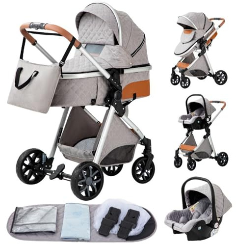 YAZOCO Carrito de Bebé 3 en 1, Plegable Carricoche de 3 Piezas, Cambiador, Cubrepiés, Mosquiteros, Cubiertas de Lluvia, Accesorios de Asiento (L V9 Gris plateado)