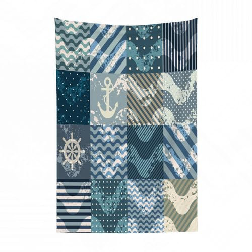 EYLOZS Plaid Couverture en Flanelle Super Douce - Couverture Douce et Légère pour Lit, Canapé, Camping et Voyage,Patchwork de Style Nautique avec des Vagues Grunge.130x150cm