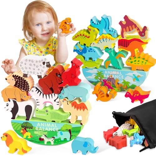 Vicloon 2er-Set Stapelspielzeug aus Holz, Dinosaurier und Tier Spielzeug ab 3 Jahre, Holzspielzeug Stapel Balancierspiel, Motorikspiel für Kinder, Geburztag Weihnacht Ostern Geschenk für Mädchen Junge