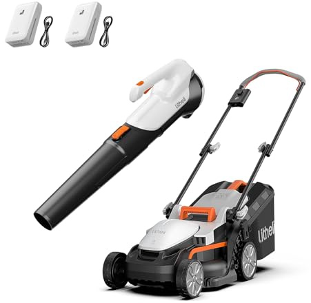 Litheli Akku-Rasenmäher mit Laubbläser, speziell für kleine Gärten bis 200 m², 33 cm Schnittbreite, 30 L Fangkorb, Schnitthöhe 25–65 mm, kompakt & leicht zu manövrieren und Transportieren, Zwei Akkus