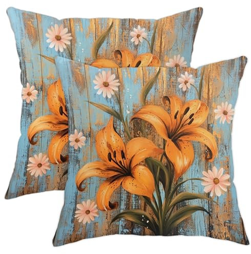 Lot de 2 housses de coussin carrées décoratives pour extérieur, maison, canapé, lit, canapé, 45,7 x 45,7 cm, motif floral de lys orange, printemps