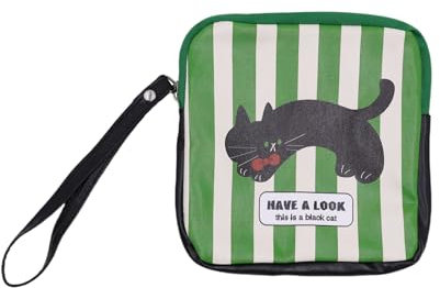 MOSSTYUS Perioden-Tasche für weibliche Pads, Aufbewahrungstasche, Tamponhalter, Organizer, Tasche, Damenbinden, Grün gestreift, schwarze Katze, Einheitsgröße