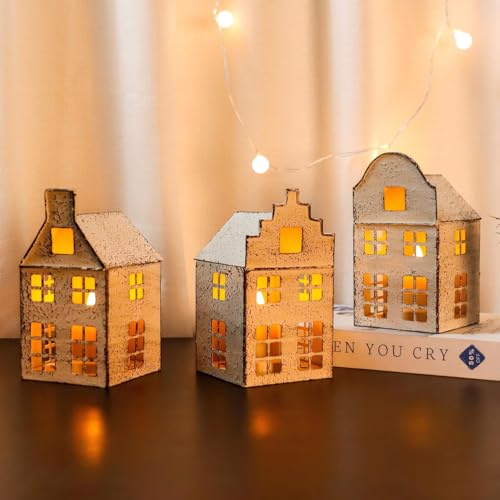 Trirocks uppsättning av 3 små hus vintage metalllykta