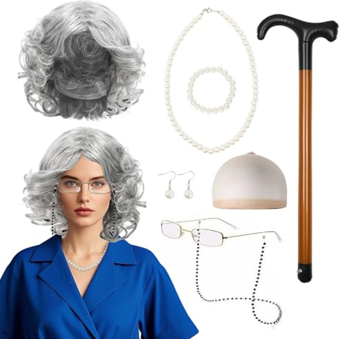 UILYNIU Costume de Grand Mere Set Perruque Grise Femme Perruque Grand Mere Lunettes avec Chaîne Bonnet de Perruque Collier de Perles Boucles Oreilles Bracelet Canne Gonflable Déguisement Femme