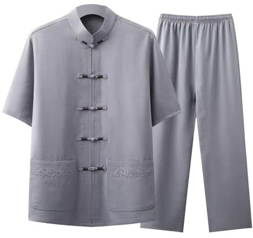 Cambkatl Men's Tang Suit Chinese Traditional Clothes Mandarin Collar Kung Fu Shirts Uniform Short Sleeve Tai Chi Outfit