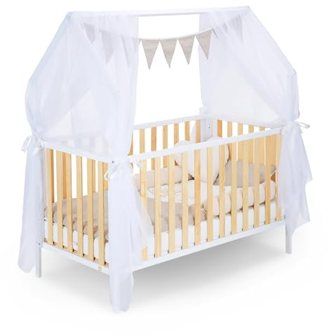 FabiMax Kinderbett Hausbett Schlafmütze Weiß/Natur, 140x70 cm, Komplettset (Matratze Classic, Komplettset Beige Punkte)