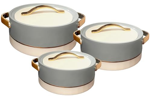 Rishabh Insulated Hot pot Casserole Hot & Cool Food Serving Dish with Lid, Double Wall. Stainless Steel Inside Set of 3 (Size 1500,2000, & 2500ml) (Forest Green-Gold)