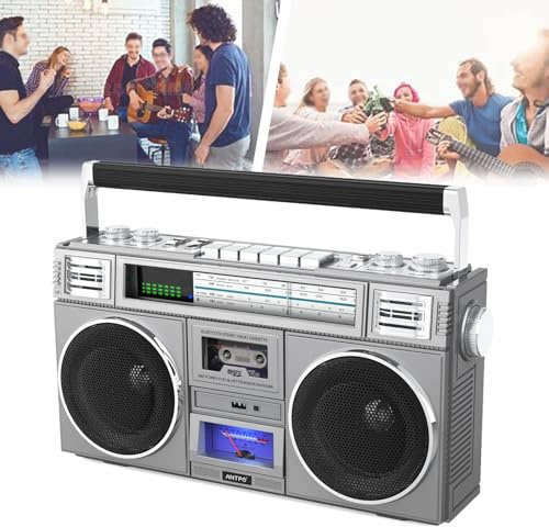 Boombox - Altavoz Bluetooth retro de los años 80 con radio AM/FM, graves pesados, reproducción de 40 horas, reproducción TF/USB/AUX, ecualizador ajustable para entretenimiento portátil de estilo