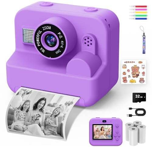 Cámara de Fotos Infantil Instantáneas - 1080P 2.4 Cámara Selfie Instantánea para Niños con Papel de Impresión y Tarjeta 32GB, Juguete Regalo Navidad para Niño y Niña de 3 a 12 Años (Lila)
