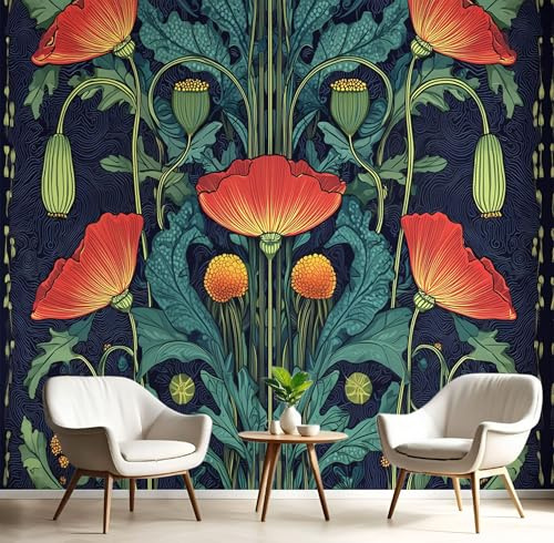 Papel Pintado 3D Flores Amapola Abstractas 98×70cm Fotomurales Tejido No Tejido, Azul Oscuro Papel Tapiz Grande Murales Fotográfico Retro Flores Hojas Decoración de Paredes