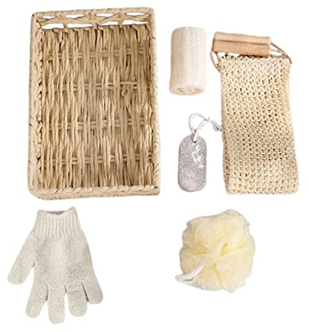 Gogogmee Ensemble de Bain 6 Pièces Râpe à Pieds et Pierre de Pied Panier Rectangulaire 30x20x6 Cm Brosse de Bain en Fibre de Sisal Naturelle et Manche en Bois Kit Hygiène Corporel Portable