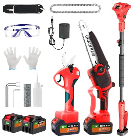 Akku Hochentaster 4-in-1 Set mit Teleskop Elektrische 40mm Teleskop Heckenschere & 8 Zoll Akku Kettensäge 2x 4000mAh Akku für Heckenschere Akku Mini Kettensäge mit Astsäge Akku Für Äste bis 4m Höhe