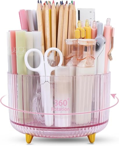 SKYDUE Drehbarer Stiftehalter, Schreibtisch Organizer mit 5 Fächern - Stilvoller Schreibtisch-Organizer und Zubehör für Schule, Zuhause und Büro(Transparentes Rosa)