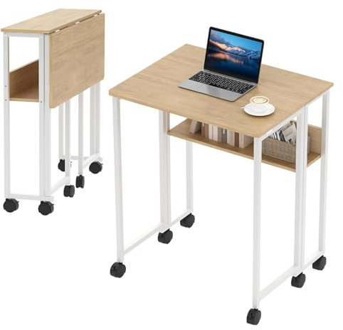 WEJIUAFB Klappbarer Schreibtisch Mit Rollen Und Stauraum, 63x50x75 cm Platzsparender Computertisch Für Home Office, Stabiler PC Tisch Mit Einfach Montage, Zusammengeklappt Nur 7.8 Zoll Breit