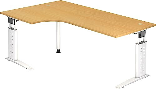 bümö höhenverstellbarer Eckschreibtisch U-Serie 200x120 Buche, Gestell in weiß - Schreibtisch L Form, großer Tisch für's Büro, Computertisch höhenverstellbar