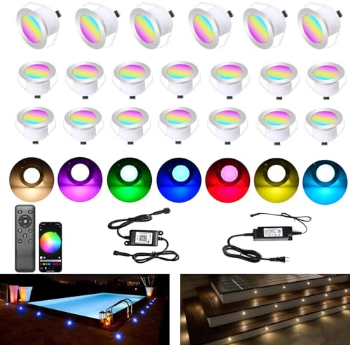 LED Deck Lights Kit, 20pcs Φ1.22 Smart WiFi Control Low Voltage RGBW Recessed LED Lighting, Waterproof Deck Stair Lights for Yard Garden Stair Patio Pool