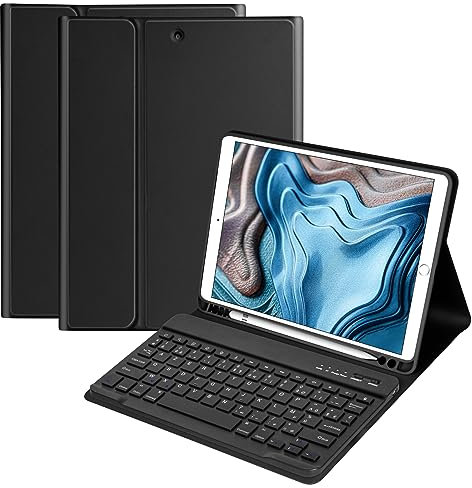 HOTLIFE Clavier Coque pour iPad 10.2 9ème/8ème/7ème Génération 2021/2020/2019 i Pad Air 3 2019 i Pad Pro 10.5, AZERTY Français Amovible Clavier Bluetooth sans Fil Etui(Noir)