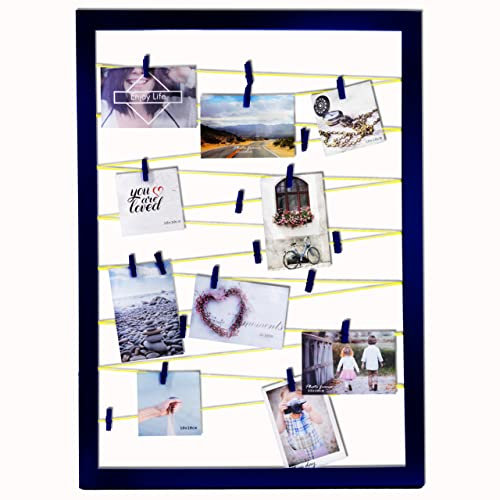 QUALIP Portafotos prémium con pinzas y cuerda, color azul oscuro con cuerdas de fotos amarillas [moderno] | marco collage para tarjetas postales, imágenes Polaroid y fotos – ver ahora.