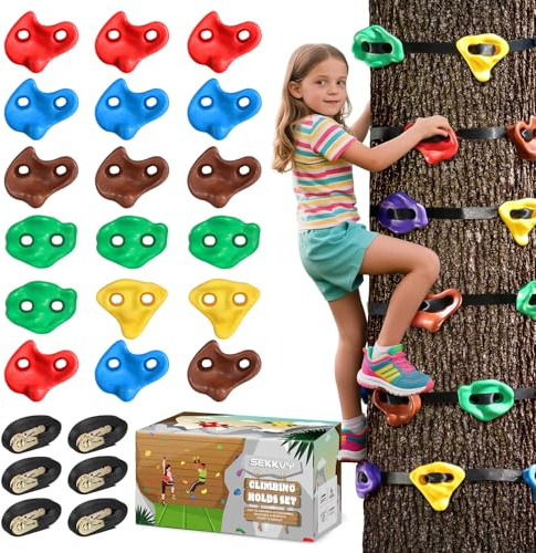 SEKKVY 18PCS Ninja Tree Climbing Holds and 6 Sturdy Ratchet Straps for Kids Tree Climbing, Large Climbing Rocks for Outdoor Ninja Warrior Obstacle Course Training