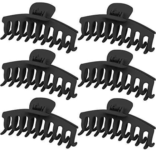 WHAVEL 6PCS Matte Plastic Large Black Hair Claw Clips For Thick Hair Jaw Clips Non-slip Ponytail Holder Hair Clip Clamps Teeth for Women and Girls