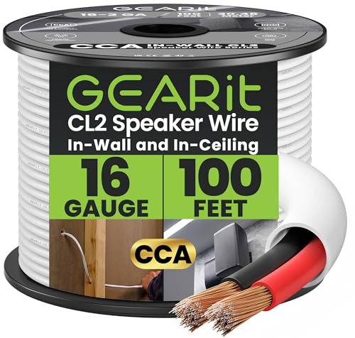 GEARit 2x1.5mm² Speaker Cable CL2 Rated 16 AWG Wire 30.48 m / 100 ft, Audio Cable with Red/Black Color Coded, Speaker Wire for In-Wall Home Cinema, Car Stereo, Commercial Audio Systems, CCA(White)