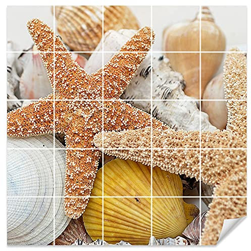 GRAZDesign Fliesenaufkleber Bad selbstklebende Fliesen Motiv Muscheln Klebefliesen - 10x10cm / Muscheln mit Seesternen