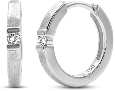 Creolen 750 Echtgold 13 mm - 2 Diamanten je 0.06 Ct - Weißgold Damen Ohrringe 18k - Schmuck mit Geschenkbox