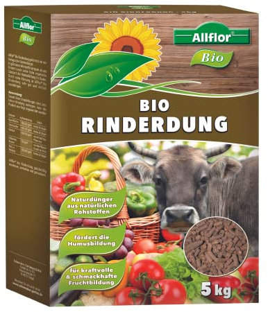Allflor Rinderdung gekörnt - 1 x 5 Kg - Rinderdungpellets in der Faltschachtel - Wirtschaftsdünger von Rindern - Biologischer Gartendünger - Rindermist - Fördert die Humusbildung