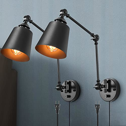HOXIYA DIMMABLE Swing Arm Plug in Wall Lamps Set of 2, Plug-in Wall Sconce with Dimmer Switch Cord, Matte Black Metal Industrial Reading Light Fixture Wall Mounted for Bedside Bedroom Living Room
