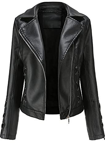 e-girl Blouson moto femme simili cuir courtcol revers,EU 36-48 | coutures avant décalées,poches latérales zippées,ourlet ajusté,rendez‑vous soirée,envelopperésisante
