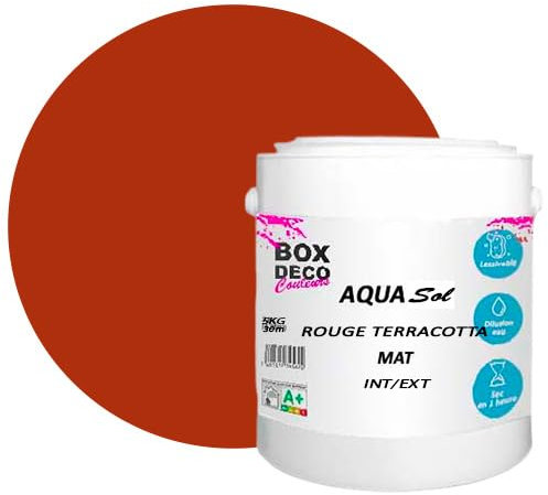 BOX DECO COULEURS Peinture Sol extérieur/intérieur acrylique haute résistance aspect mat Aqua Sol - 5Kg, Rouge Terracotta