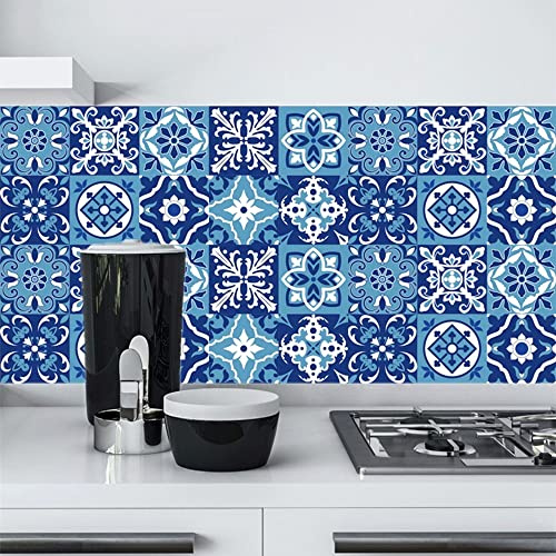 indabyo 20pcs Blue Moroccan Tile Stickers Mosaic Peel and Stick on Tiles | Kitchen Bathroom Wall Stick on Tiles Self Adhesive Vinyl Waterproof Backsplash Tile Covers Decals (15cm x 15cm, 6x6 inches)