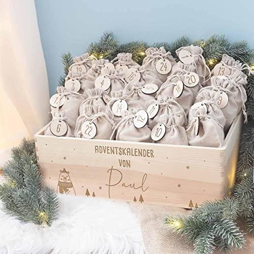Personalisierte Adventskiste - Adventskalender aus Holz mit Namen - Gravur Kalender DIY - Weihnachtskalender für Kinder - hello mini (Bär)