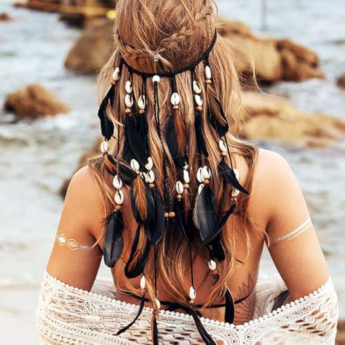 Yean Boho Feder Stirnbänder Indische Feder Kopfbedeckungen Schwarzes Haarband Handgemachte Rave Haar-Accessoires