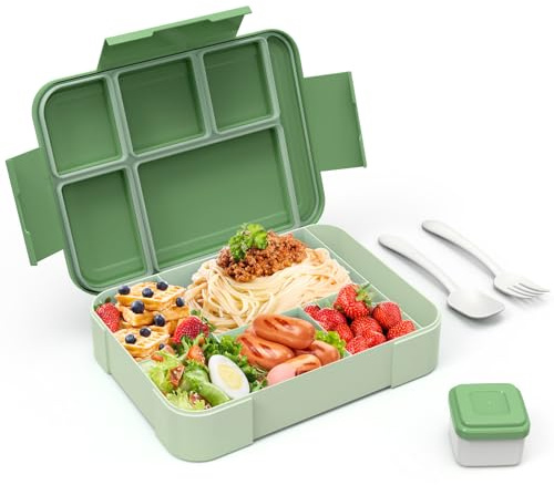 HOBUE Bento Lunch Boxes,1330ml Bento Boxes Lunch Boxes for Adults with 6 Compartments, Cutlery Set, Leak Proof Lunch Box Snack Box for Boys Girls School Kindergarten Office,Matcha Green