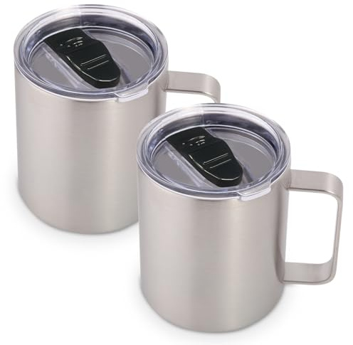 Volhoply Lot de 2 tasses à café isothermes en acier inoxydable avec couvercle – Tasse à café de voyage à double paroi avec poignée – Gobelet isotherme réutilisable en métal pour le camping – Cadeau de