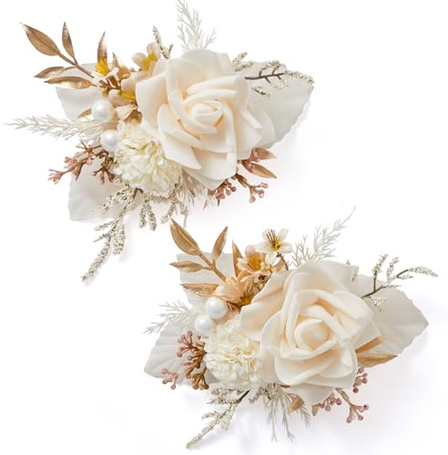 Serwalin 2 Pcs Boutonniere, 6-7 Inch Champagne Corsage for Wedding, Boutonniere for Men Groom and Best Man Prom Ceremony Anniversary Party Suit
