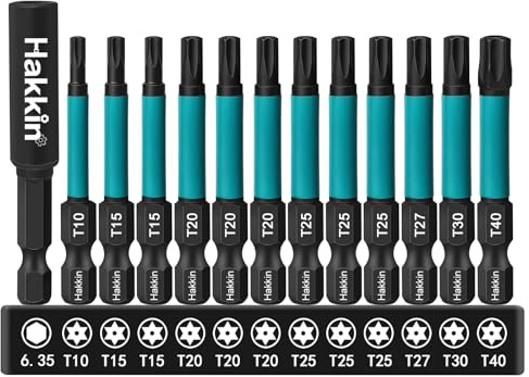 Torx Bit Set Lang Hakkin 12 Stück 55 mm Torx Schraubendreher Set Bits Set Bitsatz für Akkuschrauber 1/4 Magnetische Bits S2 Bitsatz Lang mit Bit Verlängerung T10 T15 T20 T25 T27 T30 T40
