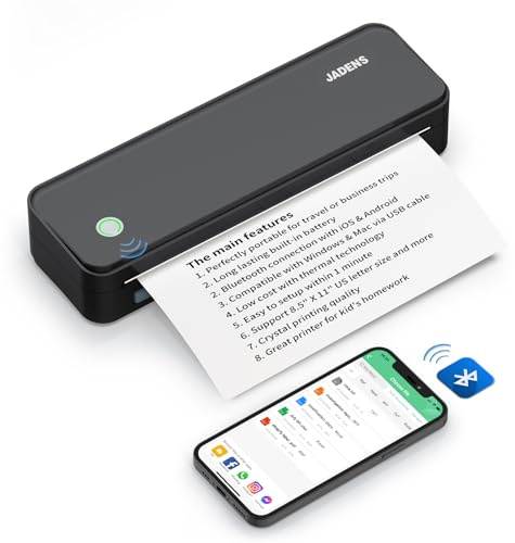 JADENS Bluetooth Thermal Printer, Support 210x297mm A4 Size, Portable Printer, Inkless Printer Compatible with iOS, Android, Mobile Printer for Home, Office, School