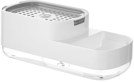 Dish Soap Pump Dispenser with Sponge Holder and Tray, 3 in 1 Countertop Hand Pump Detergent Soap Dispenser for Kitchen Sink Organizer (White)