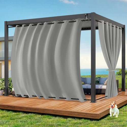 Qelus Outdoor Vorhang Wetterfest B254xH213CM, Wasserdicht Outdoorvorhänge mit Ösen, Aussen Gardinen Winddicht Sonnenschutz Sichtschutz für Garten Terrasse Balkon Pergola Pavillon (Hellgrau)