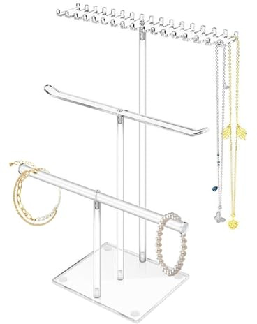 Generisch 3-stufiger Schmuck-Organizer, 3-stufiger Schmuckständer - Klarer T-Bar-Halskettenhalter aus Acryl,Ohrringhalter, Halsketten-Organizer, Armband-Aufbewahrungsdisplay für Frauen und Mädchen