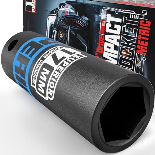 KIRXST 1/2 Drive 17mm Deep Impact Socket, 6 Point CR-V Deep Socket, 78mm Length, Auto Trucks Car Tires Repairing DIY Mechanic Tool