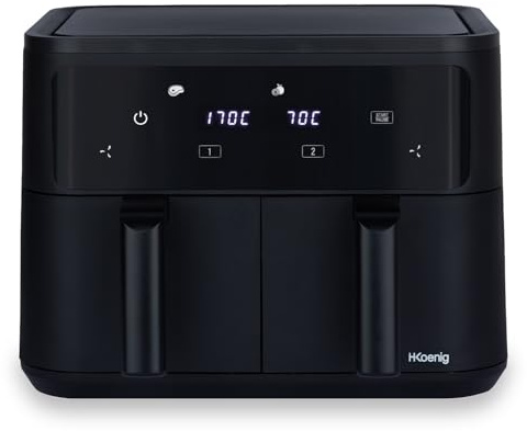 H.Koenig Airfryer Fritteuse ohne Öl mit 2 Becken XXL FRY900, Doppelte Kapazität 9L, Regulierbar 80-200°C, 5 Kochmethoden, 60min Timer, 8 Programme, Touchscreen