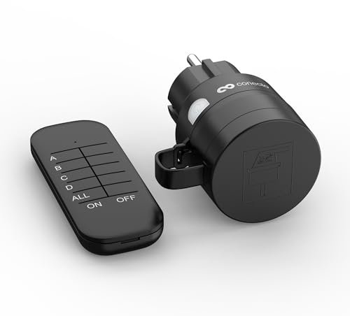 conecto prese di corrente radiocomandate con telecomando da esterno, 2300 Watt, 230V, 1 x presa di corrente con radiocomando, set da esterno, IP44, risparmio energetico, portata 30m, nero