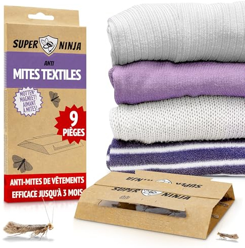 Super Ninja Anti Mites Textiles - Pack de 9, Puissant, Non Toxique, avec Phéromone, Protège Vêtements, Tapis, Tiroirs, Efficace Jusqu’à 3 Mois