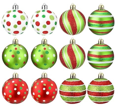 Weihnachtskugel-Ornamente, bruchsichere Weihnachtskugeln, bemalte Weihnachtskugeln, Weihnachtsbaumschmuck mit buntem und bruchsicherem Design für Feiertage (12 Stück)