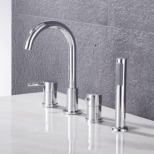 SnamicE Badewannenrandarmatur 4-Loch Badewannenarmatur Heiß- und Kaltwasser Badezimmerarmatur Set mit Handbrause Bifunktionale Badewannenrandarmatur,Chrom,Chrom